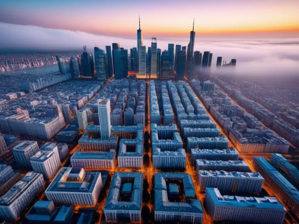 Contraste arquitectónico: mercado inmobiliario en auge Vista aérea impresionante de una ciudad bulliciosa con rascacielos y edificios históricos, simbolizando la dinámica de los mercados inmobiliarios globales y eventos