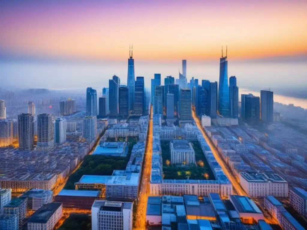Metrópolis resurge: luces urbanas postcrisis Vista aérea impresionante de la ciudad al anochecer, reflejando la adaptación del mercado inmobiliario postcrisis