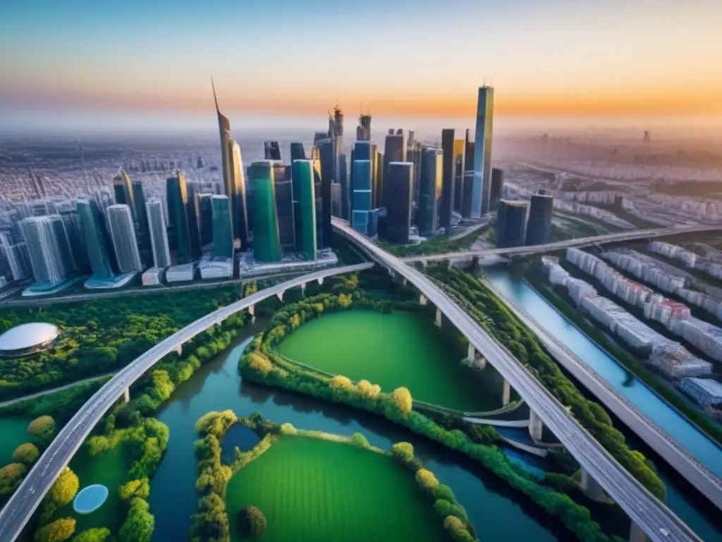 Horizonte urbano: metrópolis moderna y natural en armonía Vista aérea impresionante de una ciudad bulliciosa con rascacielos elegantes, parques verdes y una red de carreteras y puentes