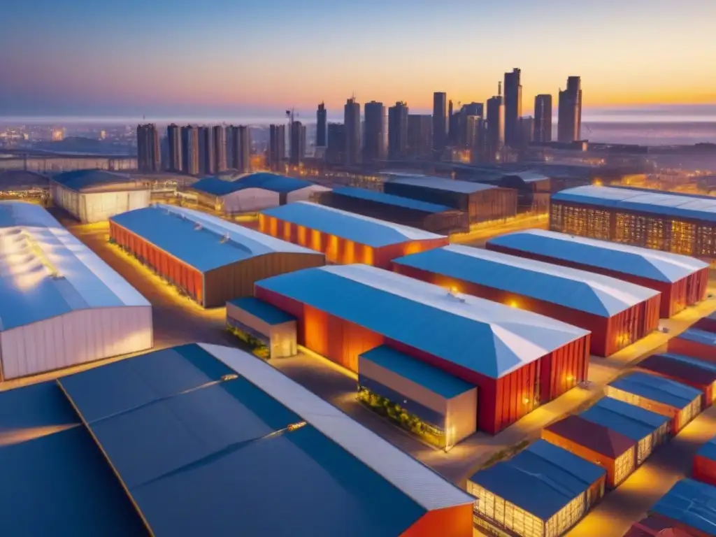 Transformación urbana: pasado industrial y futuro moderno Vista aérea impresionante de una ciudad postindustrial, fusionando almacenes renovados con rascacielos modernos