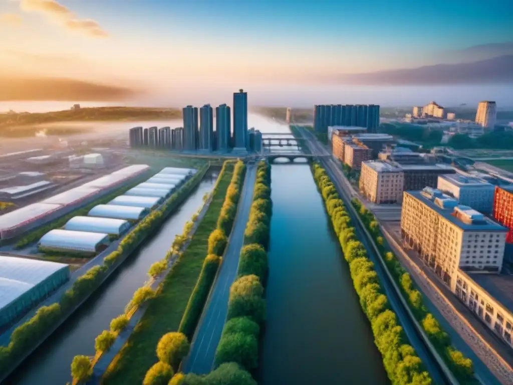 Transformación urbana: ciudad postindustrial revitalizada al atardecer Vista aérea impresionante de una ciudad postindustrial en transformación, ideal para inversionistas mercado inmobiliario internacional