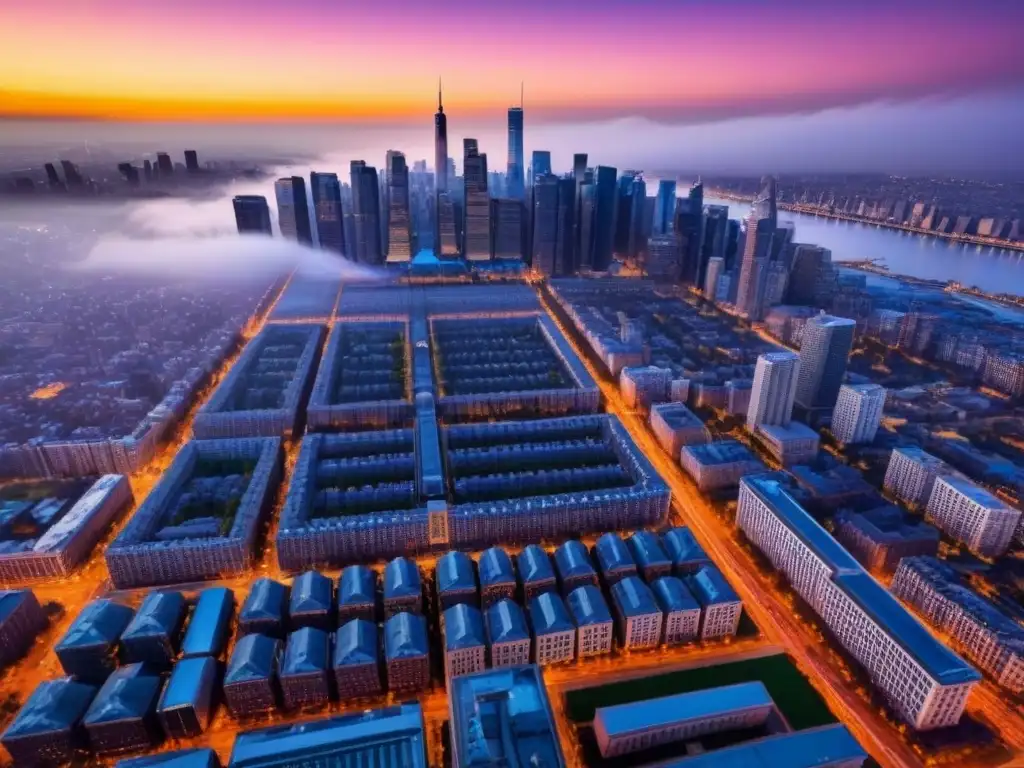 Esplendor urbano: fusión histórica y moderna al atardecer Vista aérea impresionante de una ciudad vibrante en revitalización inmobiliaria y política local, entre historia y modernidad al atardecer