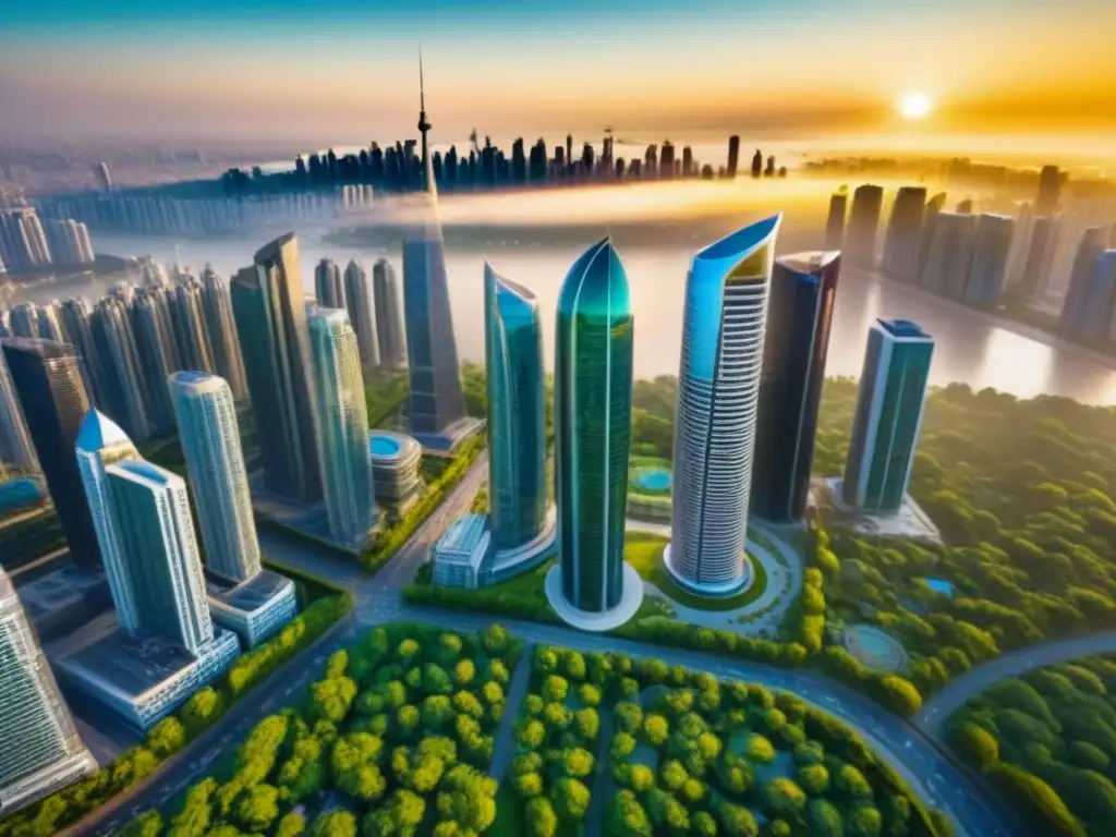 Metrópolis futurista: innovación y sofisticación urbana Una vista aérea impresionante de una ciudad futurista con rascacielos elegantes rodeados de exuberante vegetación