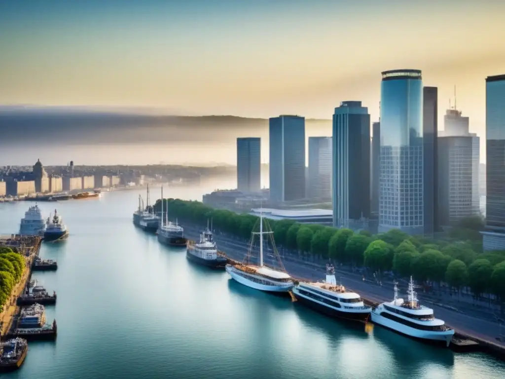 Contraste urbano: ciudad postindustrial entre rascacielos y edificios históricos renovados al amanecer Vista aérea impresionante de una ciudad postindustrial, mezcla de rascacielos modernos y edificios históricos renovados