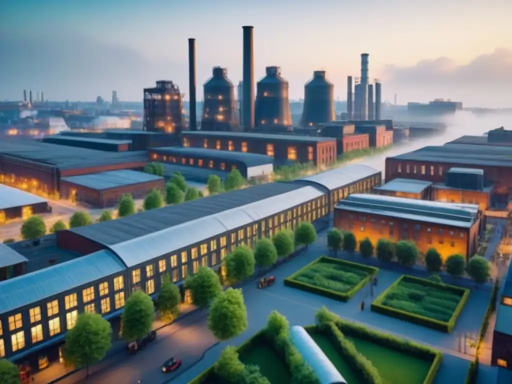 Metrópolis posindustrial: Contraste arquitectónico urbano Vista aérea impresionante de una ciudad postindustrial, símbolo del mercado inmobiliario internacional postindustrial