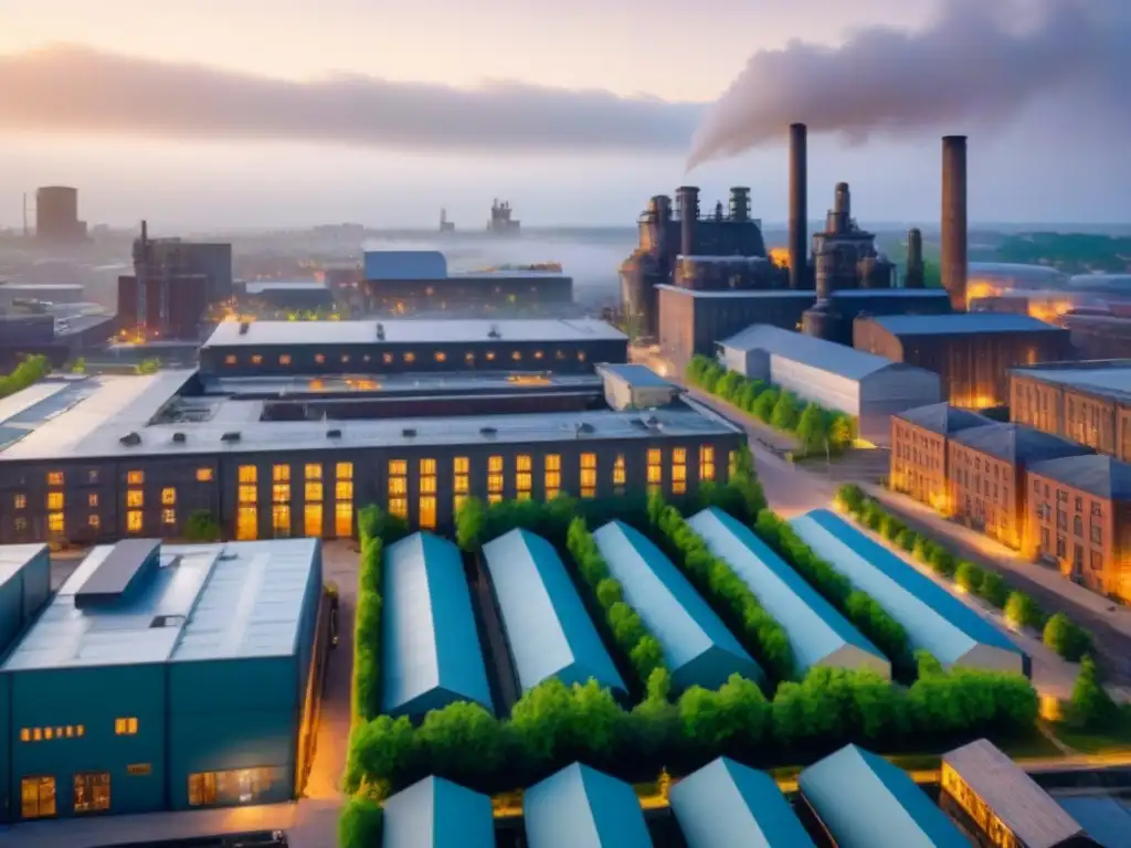 Renovación urbana: mezcla de historias industriales y modernidad Una vista aérea impresionante de una ciudad postindustrial revitalizada, fusionando historia industrial con vida urbana contemporánea