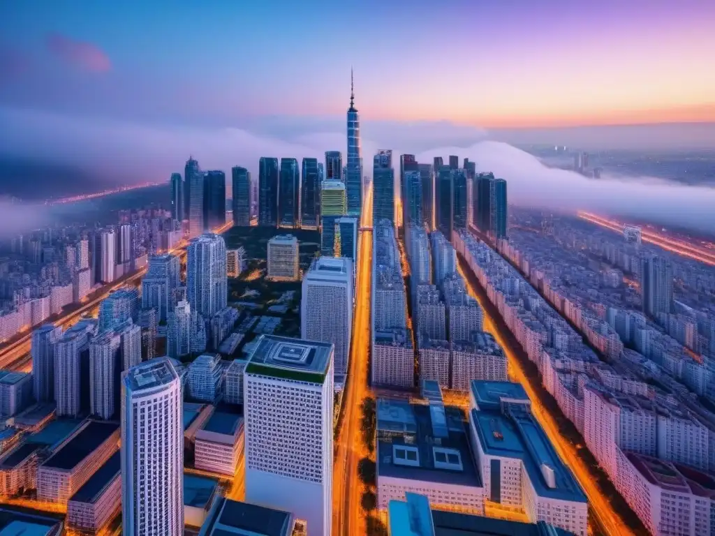 Metrópolis futurista: luces vibrantes en skyline pospandemia Vista aérea impresionante de una ciudad futurista al anochecer con rascacielos iluminados y vibrantes luces