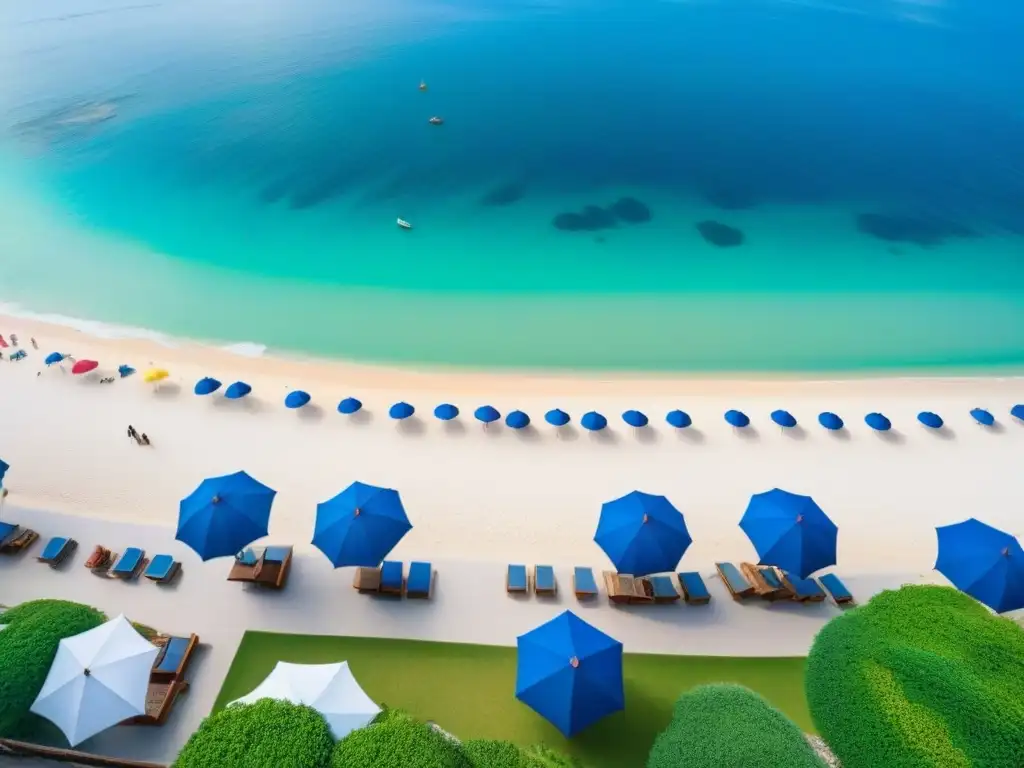 Playa paradisíaca y ciudad moderna: simbiosis costera Vista aérea impresionante de ciudad costera con rascacielos y playa llena de sombrillas y turistas