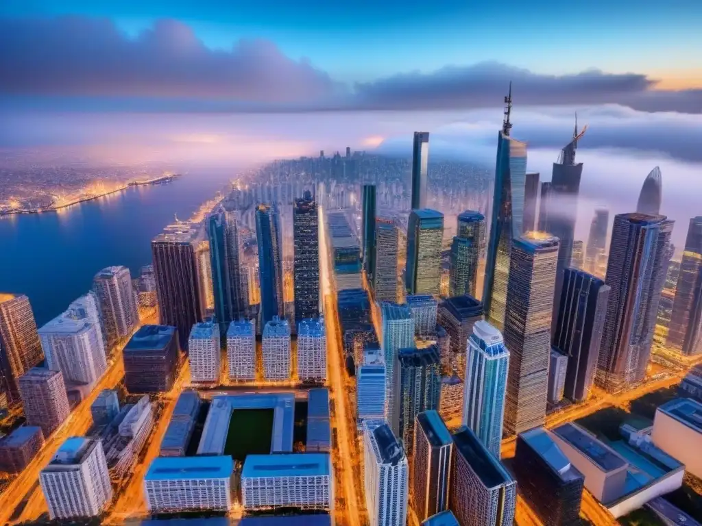 Metrópolis vibrante: mercado inmobiliario internacional en auge Vista aérea impresionante de una ciudad con rascacielos y edificios modernos, reflejando un mercado inmobiliario internacional vibrante