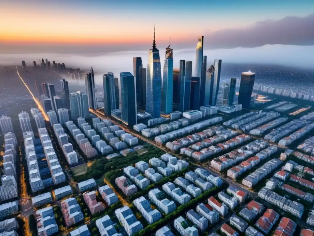 Vibrante paisaje urbano postcrisis: crecimiento y prosperidad inmobiliaria Vista aérea impresionante de una ciudad bulliciosa, mostrando un paisaje urbano vibrante con rascacielos, edificios residenciales y espacios verdes