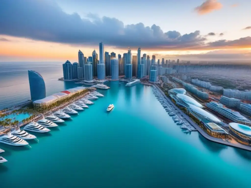 Espléndida vista aérea de ciudad costera moderna y vibrante Una vista aérea impresionante de una ciudad costera moderna con rascacielos, resorts de lujo y un animado paseo marítimo lleno de turistas