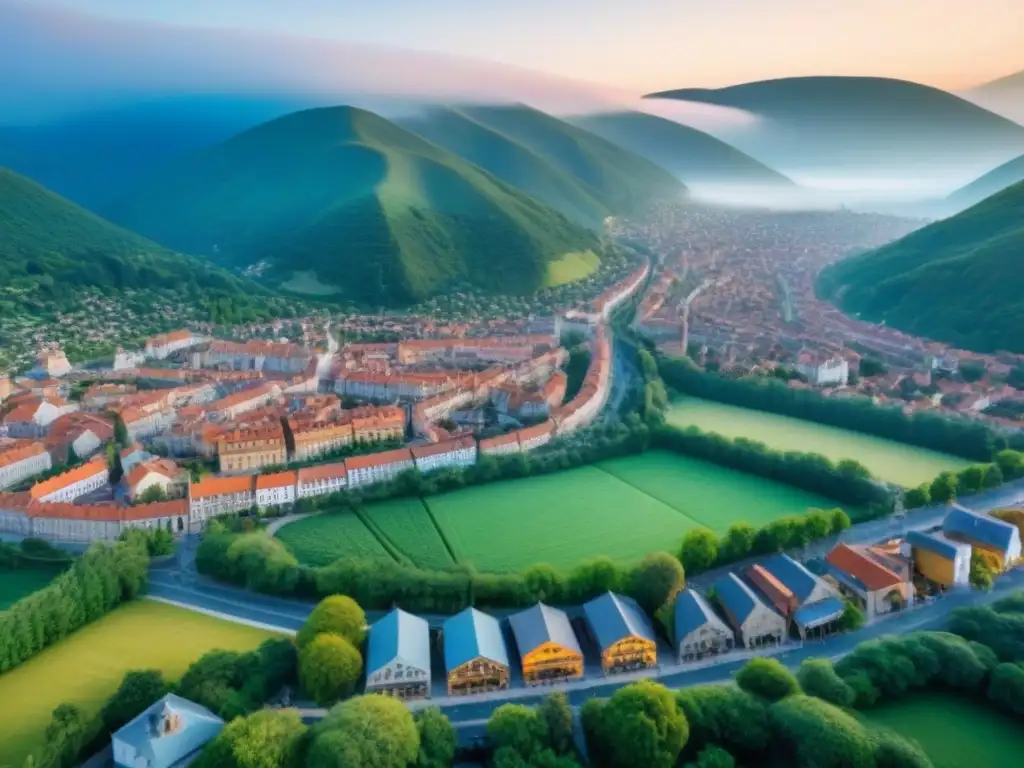 Encanto urbano: ciudad entre montañas fusiona historia y modernidad Vista aérea impresionante de una ciudad pequeña entre montañas verdes, mezcla de arquitectura histórica y moderna, reflejando el equilibrio entre encanto antiguo y vida contemporánea, simbolizando estrategias inmobiliarias en ciudades pequeñas