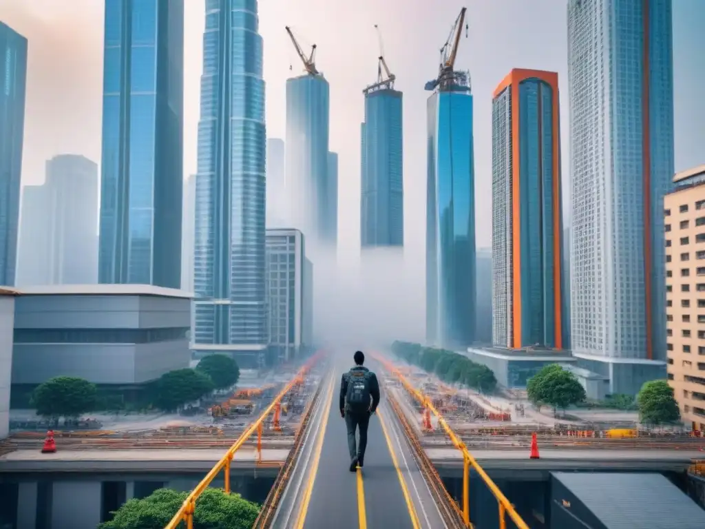 Metrópolis resiliente: panorama urbano moderno y vibrante Vista aérea impresionante de ciudad moderna con rascacielos y edificios residenciales, reflejando resiliencia mercado inmobiliario global