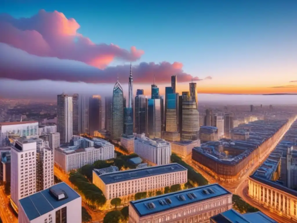 Skyline urbano al atardecer: inversión inmobiliaria postcrisis Vista aérea impresionante de una ciudad activa al anochecer, con rascacielos modernos y edificios históricos