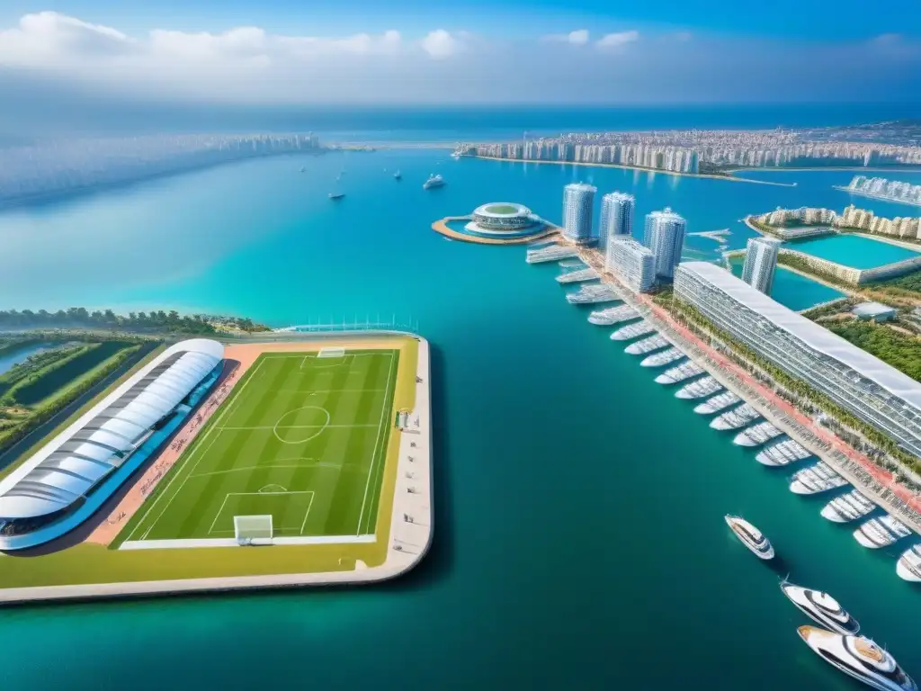 Vibrante ciudad costera: estadio de fútbol y marina de lujo Vista aérea impresionante de una ciudad costera vibrante con instalaciones deportivas modernas, rodeada de vegetación exuberante y aguas cristalinas