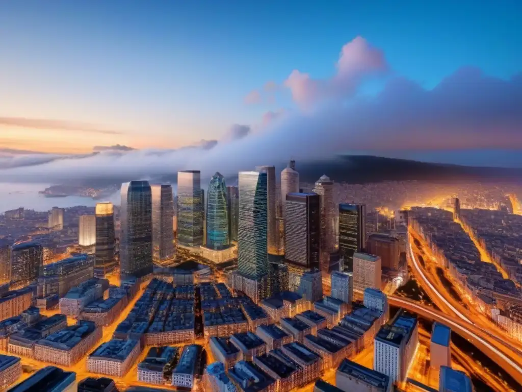 Horizonte urbano al atardecer: mezcla de modernidad y historia Vista aérea impresionante de una ciudad al anochecer con modernos rascacielos y luces vibrantes