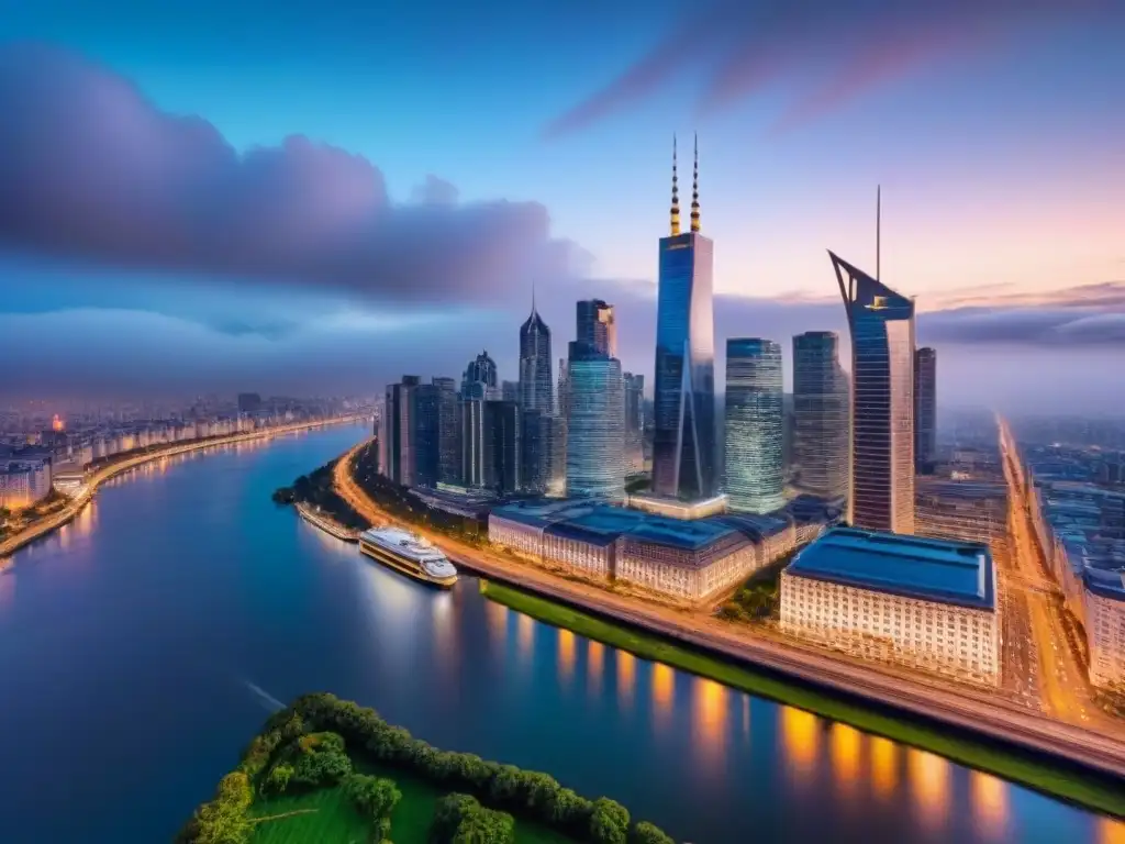Espectacular ciudad moderna al atardecer: luces y río Vista aérea impresionante de una ciudad al anochecer con rascacielos relucientes y luces de la ciudad, reflejadas en un río tranquilo