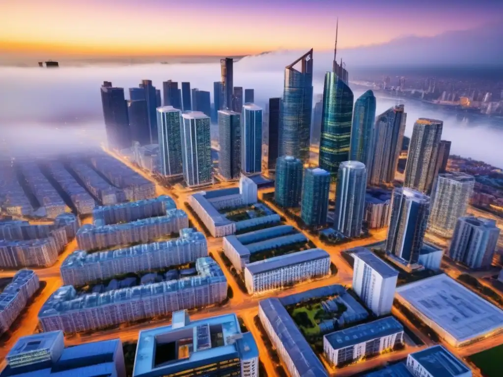 Metrópolis moderna: atractivo urbano con rascacielos y dinamismo Vista aérea impresionante de una ciudad moderna y bulliciosa, ideal para estrategias de inversión mercado inmobiliario