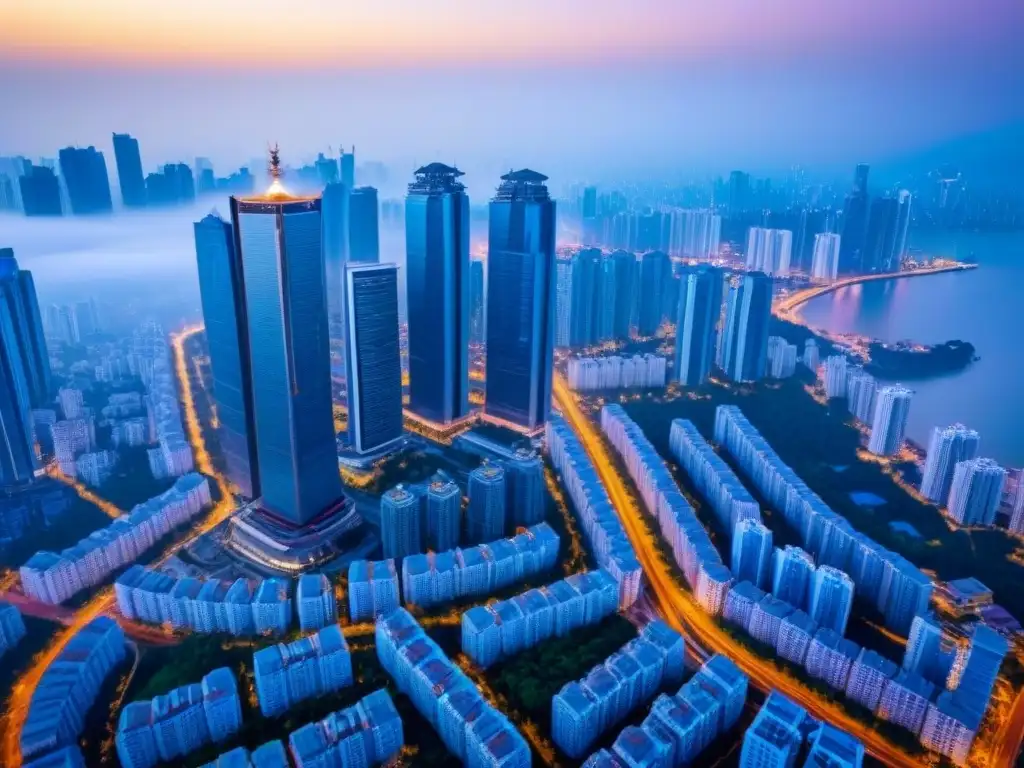 Metrópolis asiática: arquitectura tradicional y moderna Vista aérea impresionante de una ciudad asiática, reflejando la dinámica inversión inmobiliaria influenciada por regulaciones tenencia en Asia