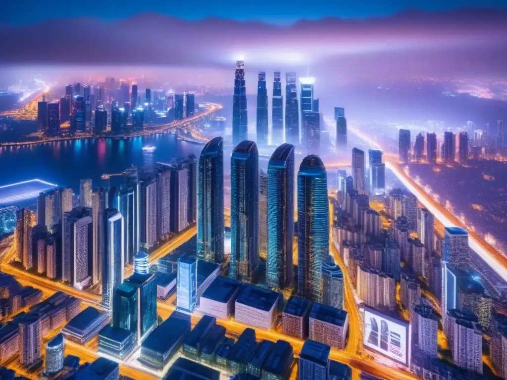 Espectacular ciudad futurista: rascacielos innovadores y luces nocturnas Vista aérea impresionante de ciudad futurista con rascacielos innovadores