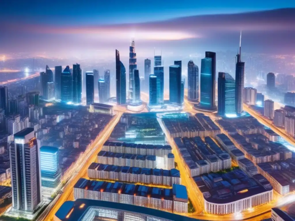 Esplendor urbano: mercado inmobiliario global en auge Vista aérea impresionante de una ciudad bulliciosa con rascacielos modernos y arquitectura futurista, reflejo del mercado inmobiliario global