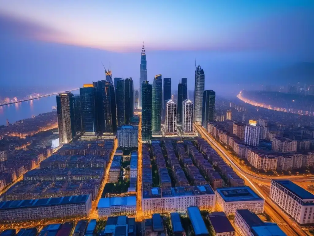Metrópolis en crecimiento: paisaje urbano vibrante al anochecer Vista aérea impresionante de una ciudad vibrante al atardecer, reflejando el impacto de políticas de subsidio en mercados emergentes