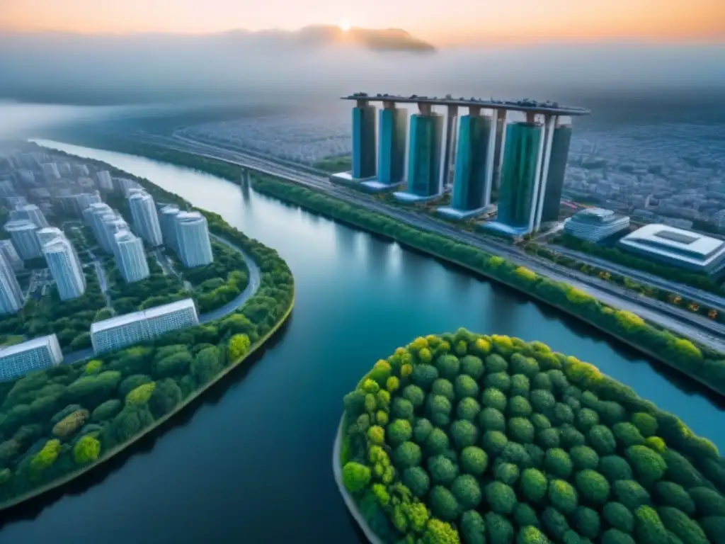 Espectacular panorama urbano: rascacielos, calles y naturaleza Vista aérea impresionante de una ciudad bulliciosa con rascacielos modernos, edificios residenciales elegantes y calles concurridas