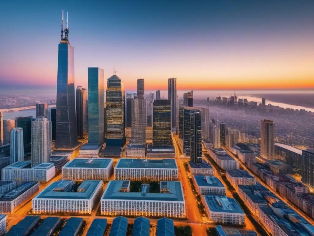 Espectacular ciudad moderna: mercado inmobiliario vibrante Vista aérea impresionante de una ciudad dinámica con rascacielos y edificios modernos, reflejando la energía urbana