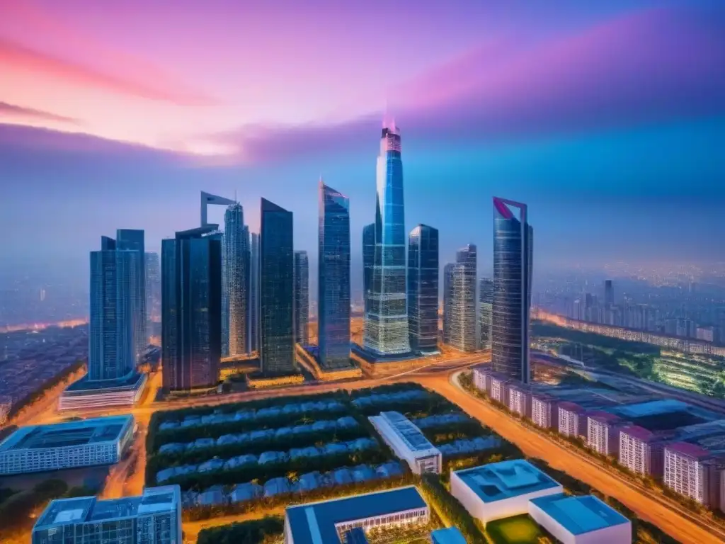 Horizonte urbano moderno: luces y arquitectura de éxito global al anochecer Vista aérea impresionante de una ciudad moderna al anochecer, con rascacielos iluminados y diversidad arquitectónica