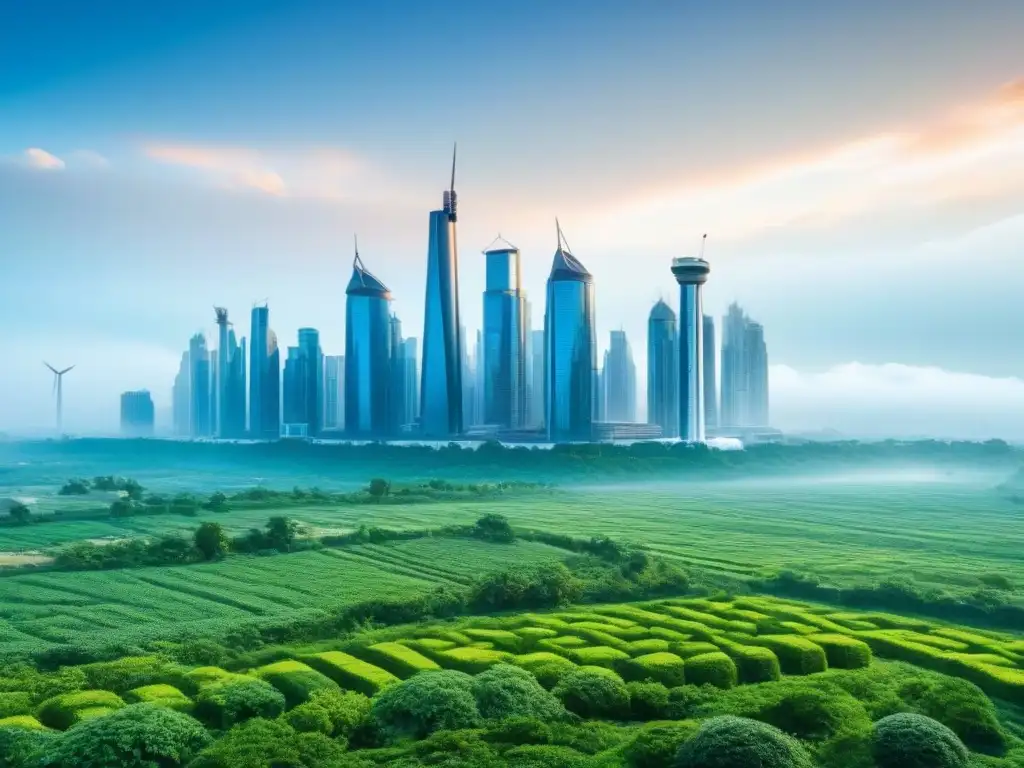 Horizonte sostenible: ciudad futurista y verde Vista aérea impresionante de una ciudad futurista sostenible con edificios verdes innovadores