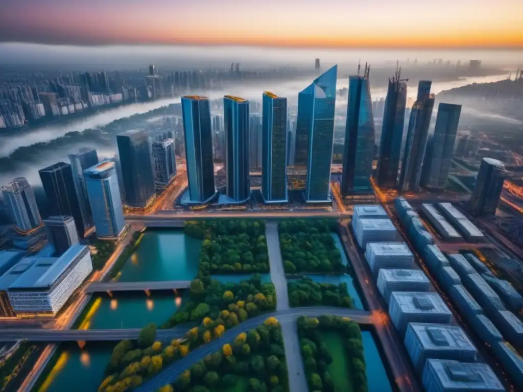 Cityscape moderno: Oportunidades de inversión en construcción Vista aérea impresionante de una ciudad moderna con rascacielos y calles llenas de vida