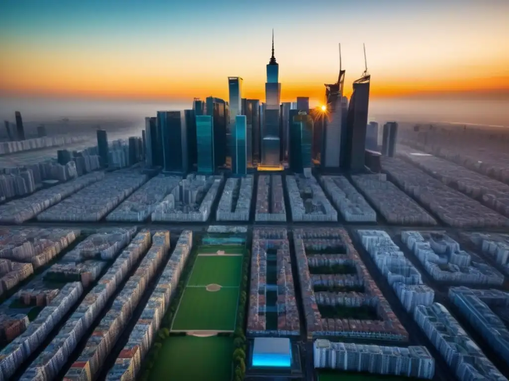 Horizonte urbano vibrante en mercado emergente Vista aérea impresionante de la ciudad en mercado emergente, con modernos rascacielos y viviendas tradicionales
