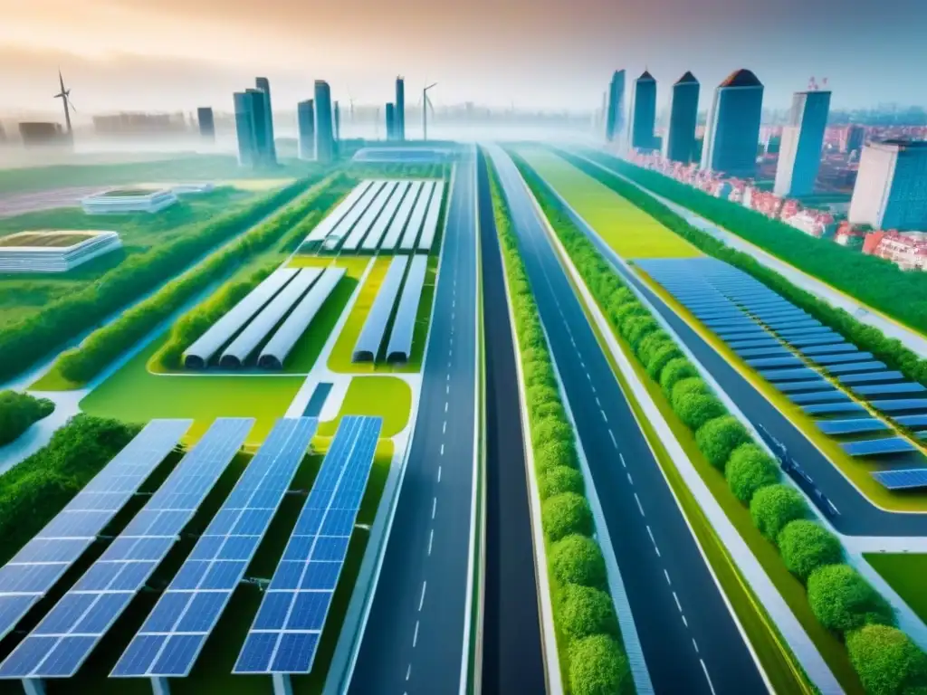 Metrópolis sostenible del futuro: diseño urbano ecoamigable Vista aérea impresionante de ciudad sostenible del futuro con tendencias de desarrollo urbano sostenible