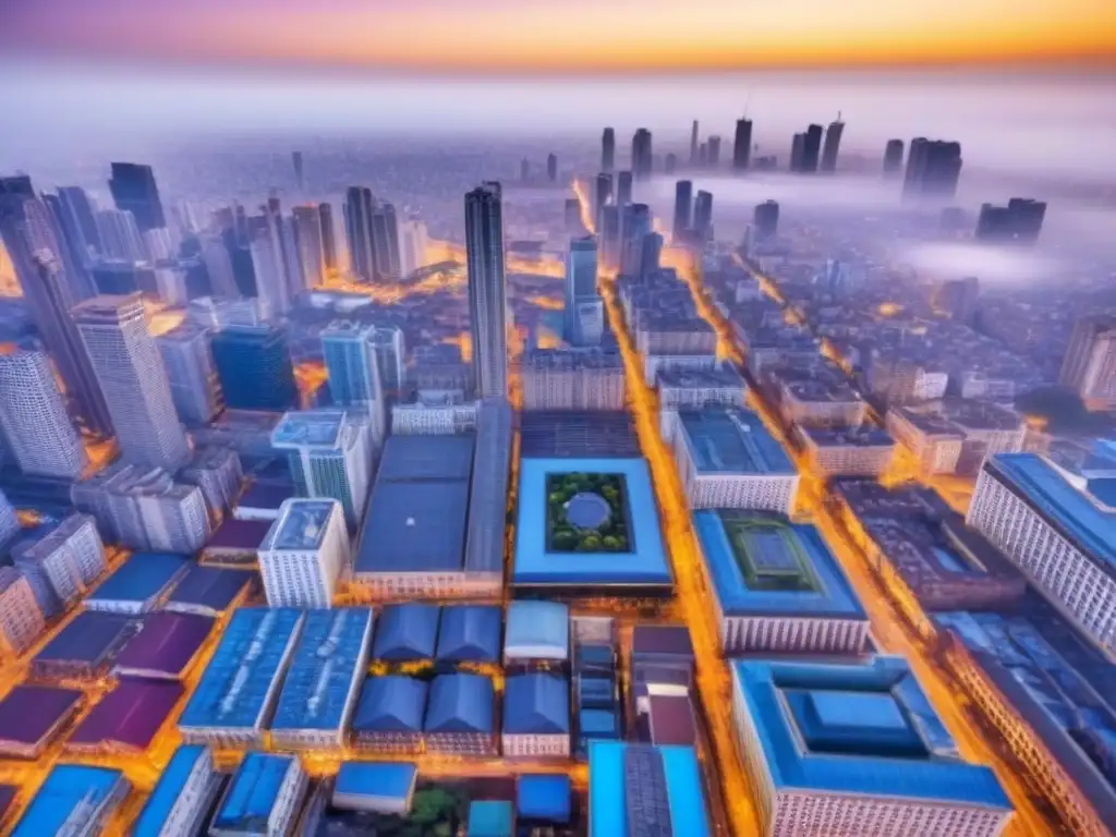 Inversión inmobiliaria en África: Contrastes urbanos y culturales Vista aérea impresionante de una ciudad africana, mezcla de rascacielos y edificios tradicionales con mercados vibrantes y calles bulliciosas