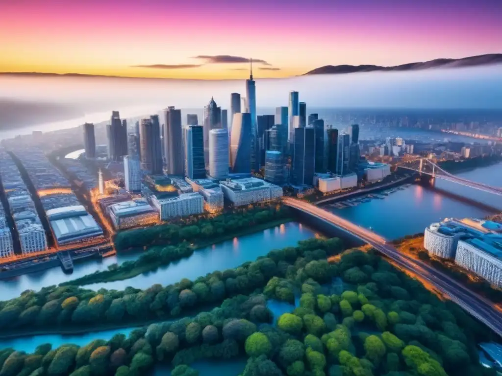 Horizonte urbano al atardecer: modernidad y historia en armonía Vista aérea impresionante de una ciudad diversa al anochecer, con edificios modernos y arquitectura histórica iluminados por luces de la ciudad