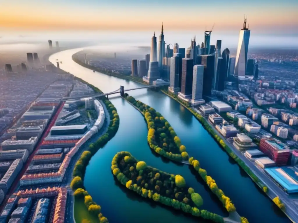 Panorámica urbana: fusión de modernidad y tradición en una ciudad vibrante Vista aérea impresionante de ciudad vibrante con rascacielos modernos y monumentos históricos, río serpenteante y cielo azul