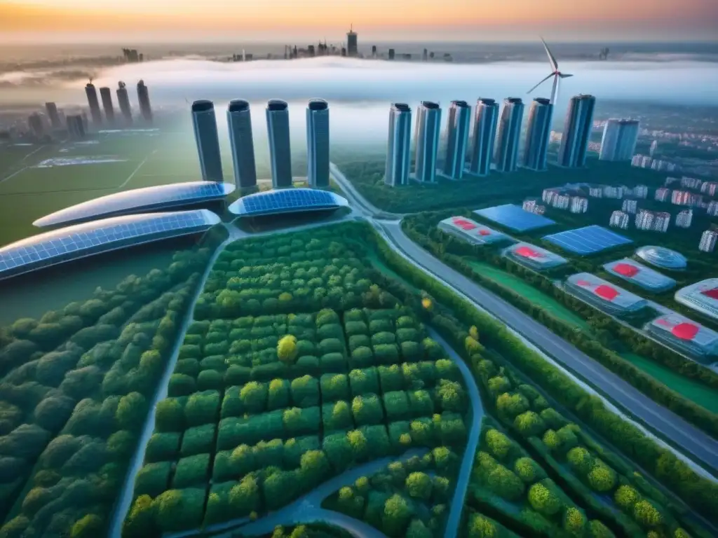 Metrópolis sostenible: rascacielos verdes y transporte eco Vista aérea impresionante de una ciudad sostenible con rascacielos verdes y energía renovable