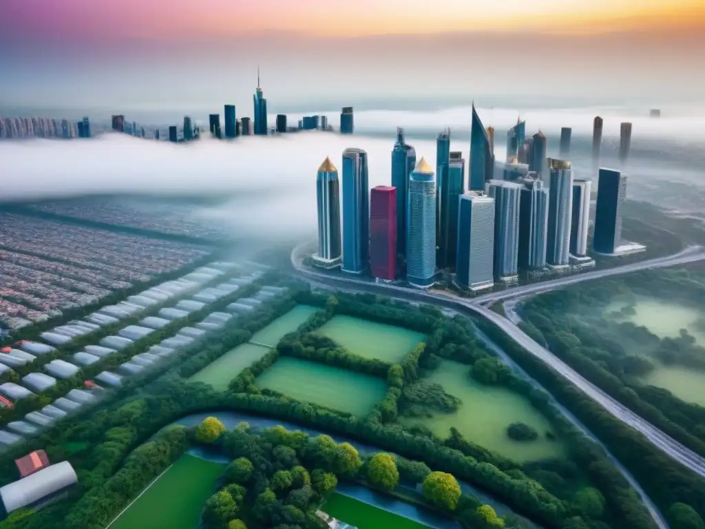 Metrópolis próspera: inversión inmobiliaria global en armonía con la naturaleza Vista aérea impresionante de una ciudad vibrante con rascacielos modernos y zonas verdes, reflejando la importancia de la zonificación en la inversión inmobiliaria