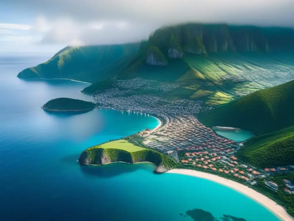 Paisaje costero: belleza y riesgo en armonía Vista aérea impresionante de ciudad costera entre montañas verdes y mar turquesa, destacando contraste entre naturaleza y urbanización