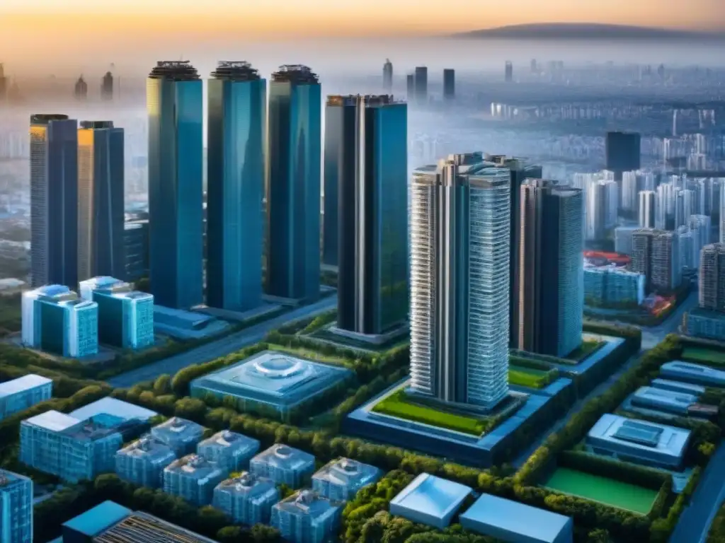 Metrópolis segura: skyline resistente a terremotos Vista aérea impresionante de una ciudad moderna con tecnología sísmica avanzada, simbolizando seguridad en zonas terremotos