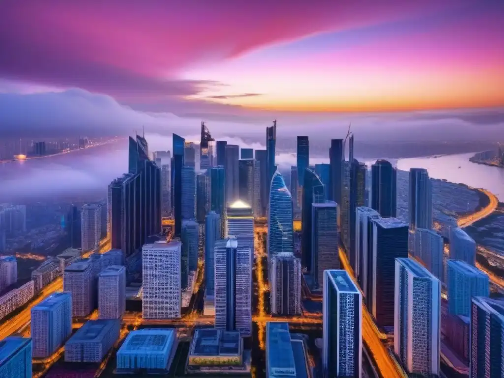Horizonte urbano al atardecer: crecimiento y seguridades Vista aérea impresionante de ciudad al atardecer con rascacielos modernos y un cielo anaranjado y rosado