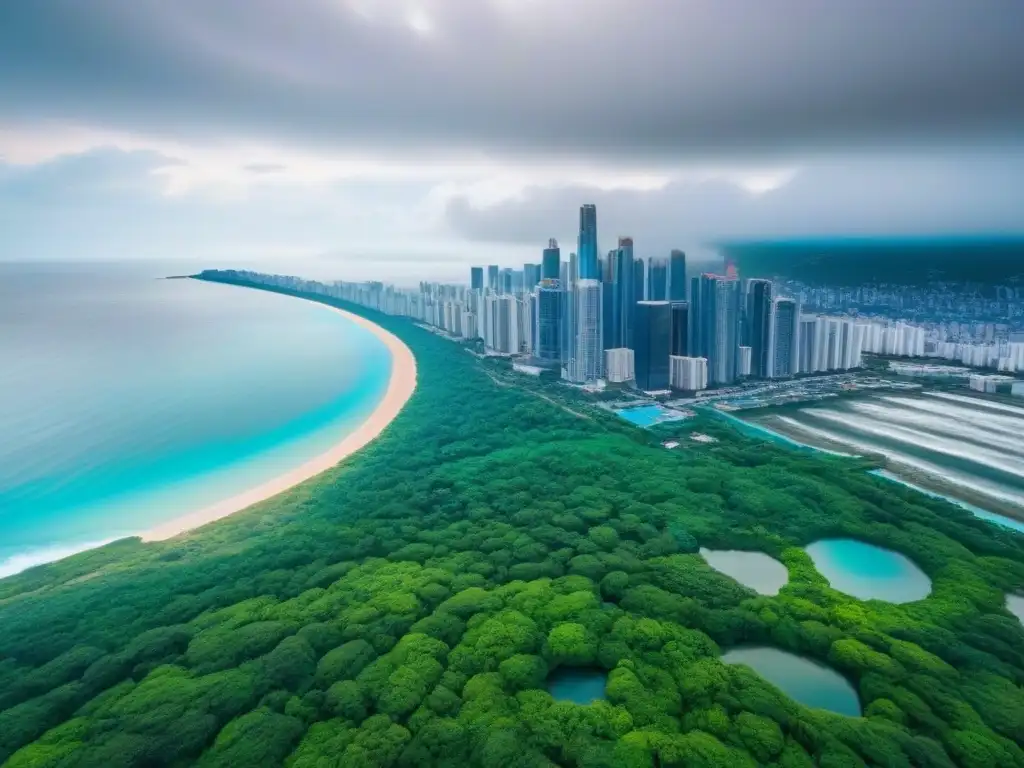 Contraste urbano-natural: ciudad costera ante desastres naturales Vista aérea impresionante de ciudad costera con rascacielos, vegetación exuberante y mar azul