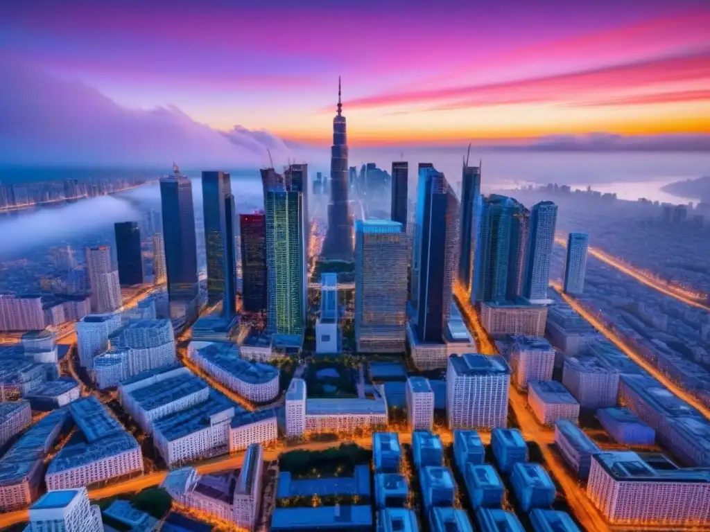 Espectacular ciudad moderna al anochecer: luces y progreso Vista aérea impresionante de una ciudad moderna al anochecer, con rascacielos iluminados y un cielo vibrante al atardecer