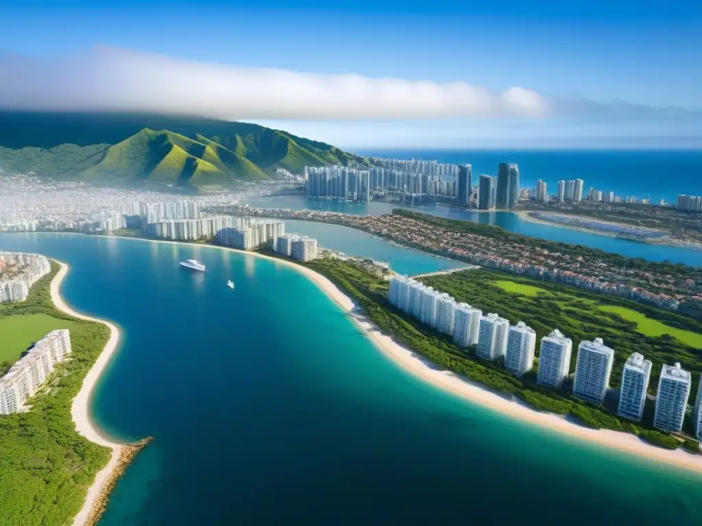 Esplendor urbano en costa paradisíaca Vista aérea impresionante de una ciudad costera con rascacielos junto al mar, rodeada de montañas verdes bajo un cielo azul
