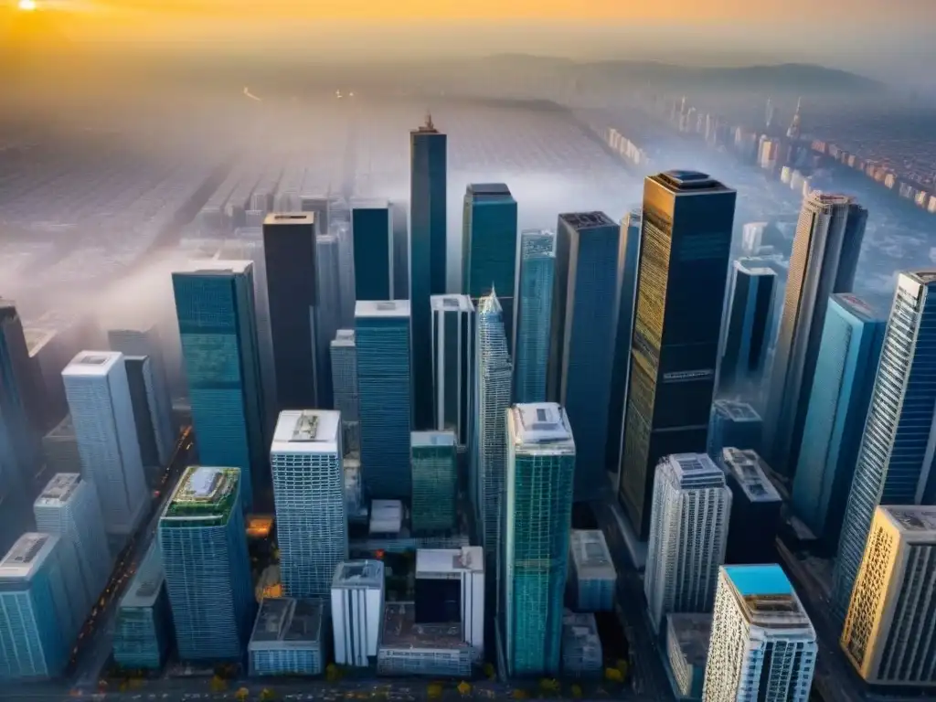 Esencial protección: Ciudad moderna y resiliente ante sismos Vista aérea impresionante de una ciudad moderna con rascacielos, destacando la importancia de los Seguros propiedades zonas sísmicas