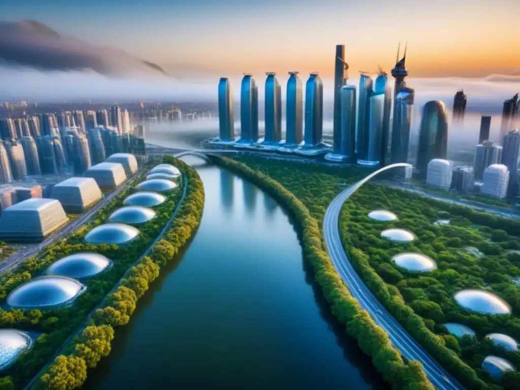 Metrópolis futurista: potencial inmobiliario en ascenso Vista aérea impresionante de una ciudad futurista con rascacielos elegantes, espacios verdes y sistemas de transporte avanzados, mostrando el potencial de los mercados inmobiliarios emergentes década futura