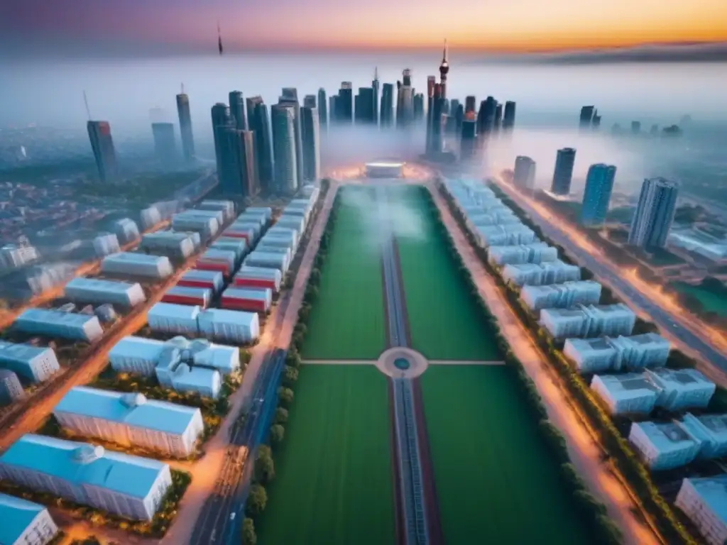 Metrópolis en crecimiento: energía vibrante y contrastes urbanos Vista aérea impresionante de una ciudad en un mercado emergente, reflejando el crecimiento dinámico