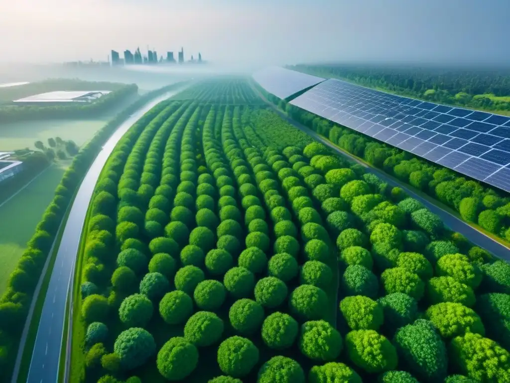Metrópolis sostenible: inversiones verdes en el futuro urbano Vista aérea impresionante de una ciudad sostenible con edificios ecoamigables