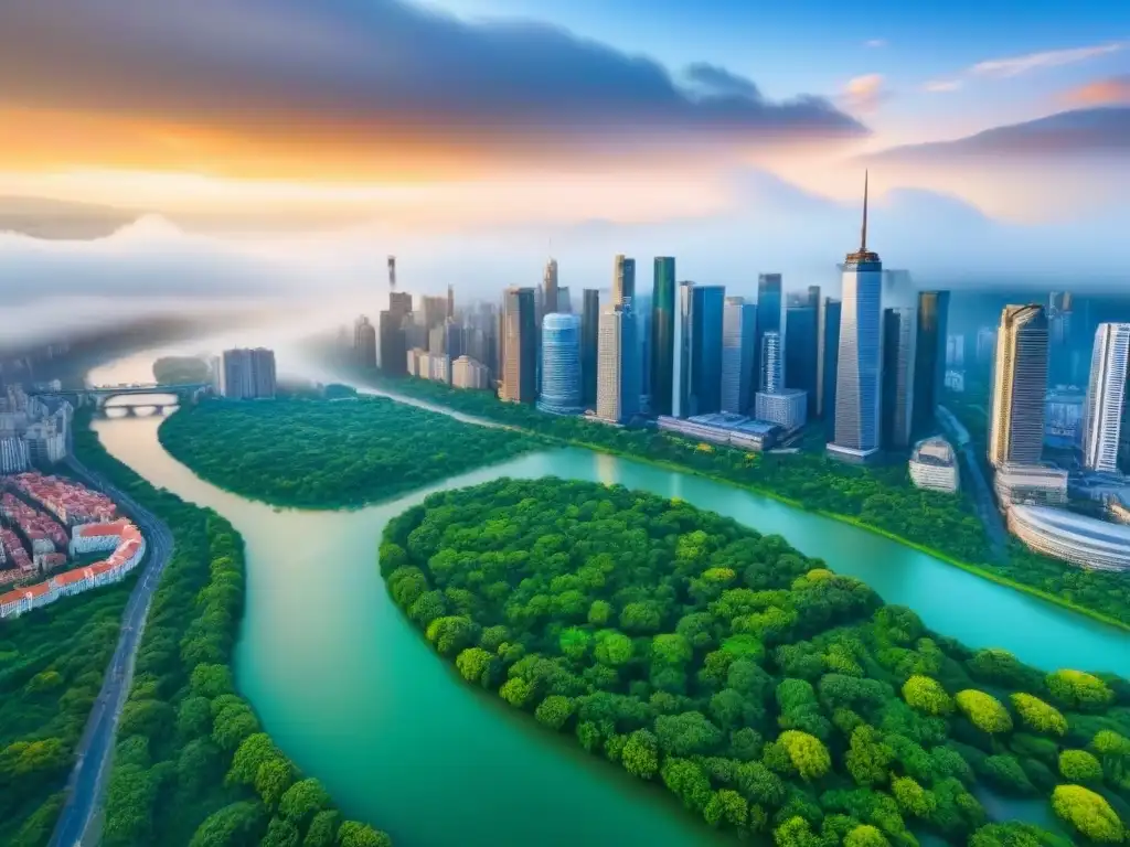 Metrópolis vibrante: rascacielos y arquitectura histórica junto al río Una vista aérea impresionante de una ciudad bulliciosa con rascacielos y arquitectura histórica, rodeada de vegetación y un río