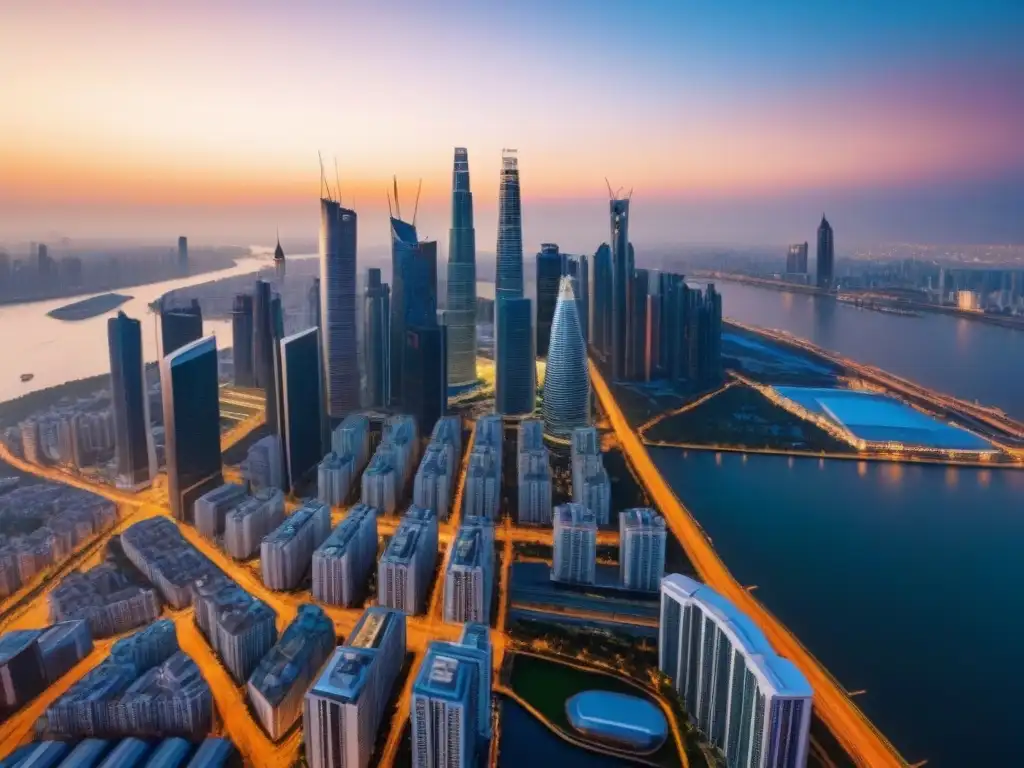 Horizonte urbano al atardecer: mercado inmobiliario vibrante Una vista aérea impresionante de una ciudad bulliciosa al atardecer, iluminando los rascacielos y edificios modernos con luz dorada